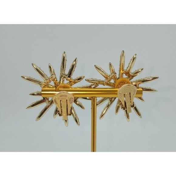 Emmons Retro Faux Pearl Aurora Borealis Rhinestone Clip-On Starburst Earrings - Picture 4 of 6